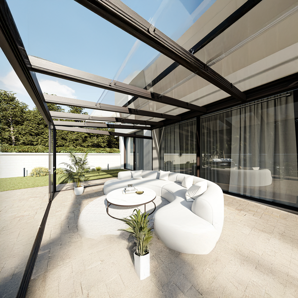Motorisert terrassetak Skien med åpningsbart glasstak