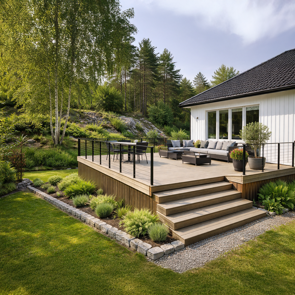 Terrasse hevet fra bakken med luft under konstruksjonen